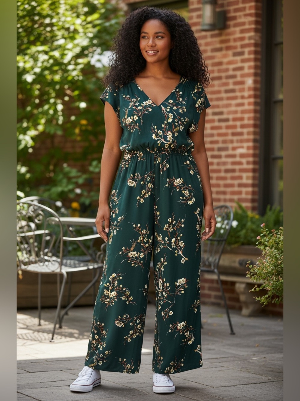DR2 Forest Green Floral V-Neck Wide-Leg Jumpsuit